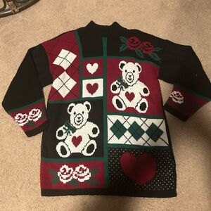 Vintage 80's Ship n' Shore Sport Women M Sweater Roses Teddy Bear Hearts Argyle